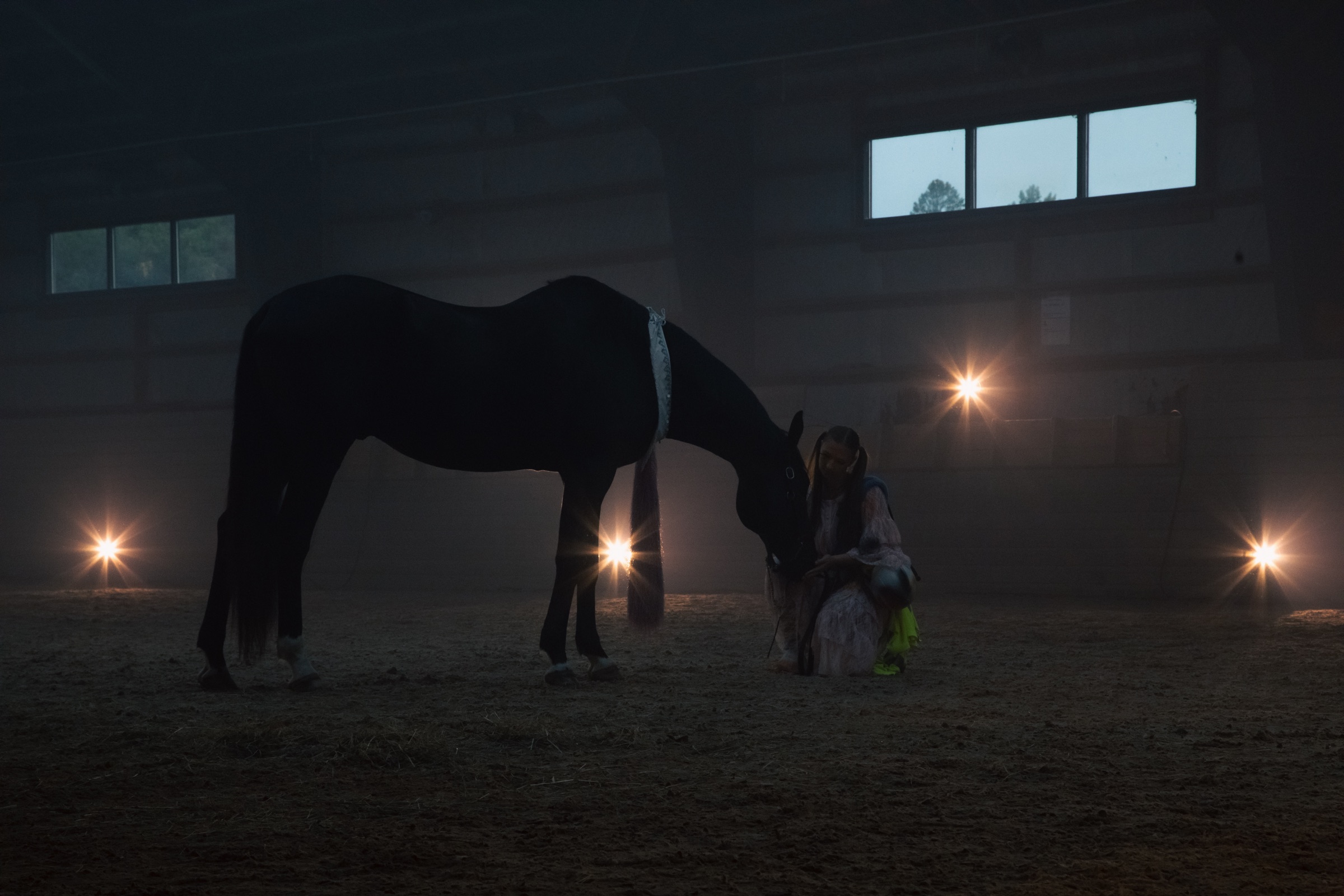 A horse and a person in the indoor arena during Hästoperan